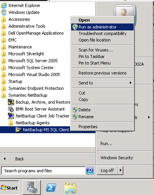 Image showing lunching NetBackup using Run As Admin option
