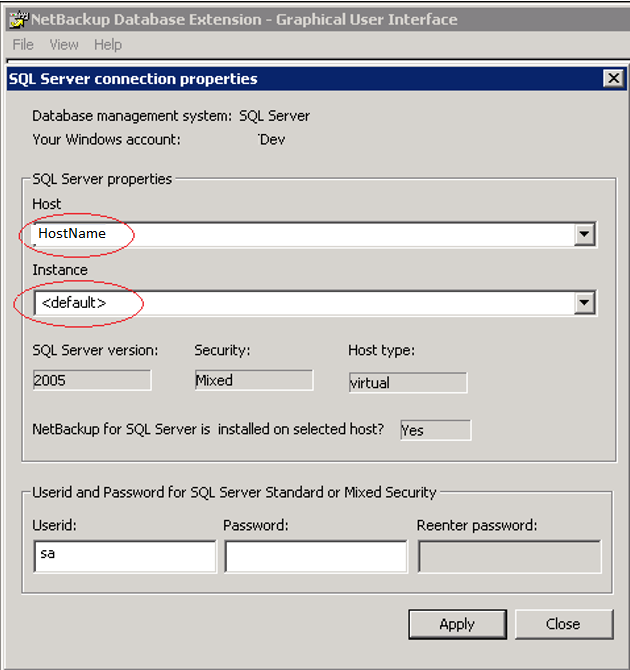 Image showing connection properties for default instance