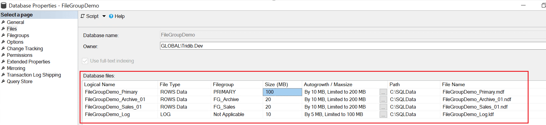 SQL Server Files and Filegroups